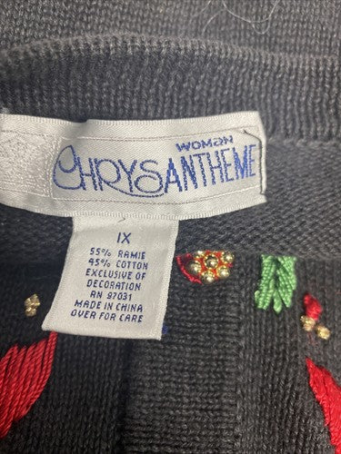 VTG Chrysantheme Black Poinsettia Embroidered Beaded Hand Knit Sweater 1X