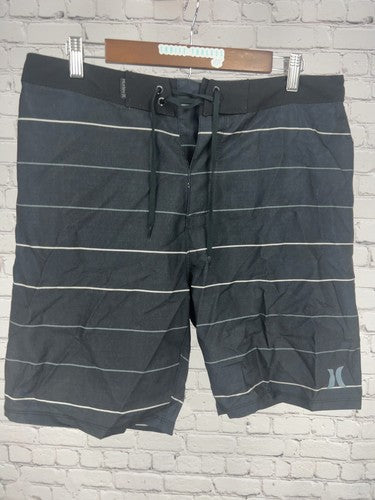 Hurley Black Gray Striped Drawstring Board Shorts Swim Trunks 33 (34X8.5)