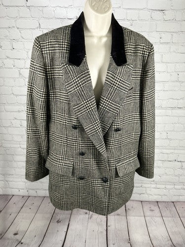 VTG Charles Klein Black Brown Plaid Double Breasted Peak Lapel Women’s Blazer L