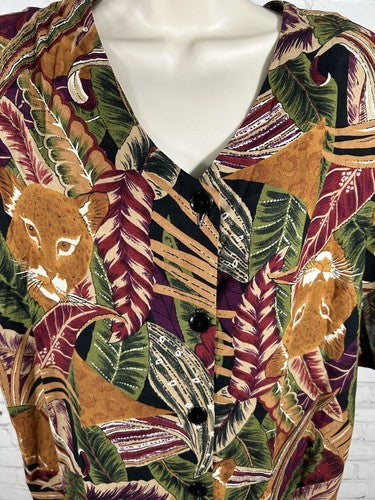 VTG A Personal Touch Colorful Shoulder Pad Button Up Jungle Themed Blouse 22W