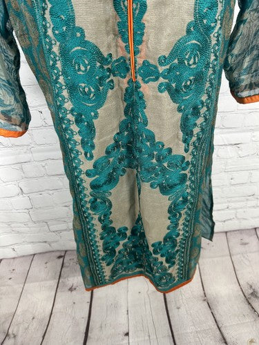 Sana Safinaz Brown Orange Blue Semi Sheer Long Sleeve Women’s Kurti Size XS