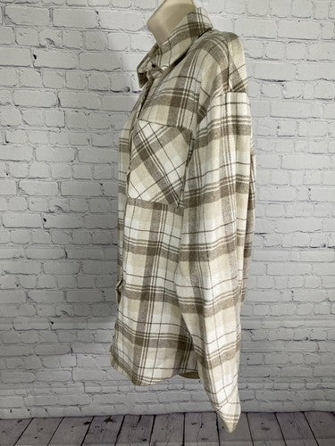 NWT THATSSOFETCH Beige Brown Plaid Denver Flannel Button Up Long Sleeve Shirt 6