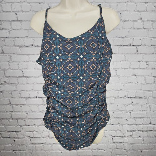 DownEast Swim Navy Floral Ruched Strappy Back One Piece Swimsuit Size XXL
