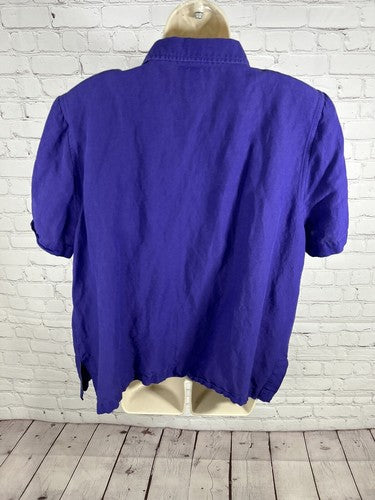 Maggie Barnes Linen/Rayon Solid Purple Short Sleeve Wooden Buttons Shirt 14/16