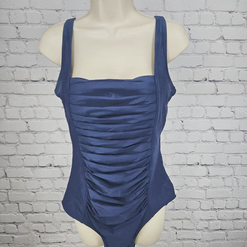 Calvin Klein Navy Blue Ruched Square Neck One Piece Swimsuit Bathing Suit 12