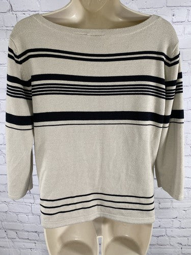 Laura Scott Black Beige 3/4 Sleeve Striped Waist Tie Knit Sweater M