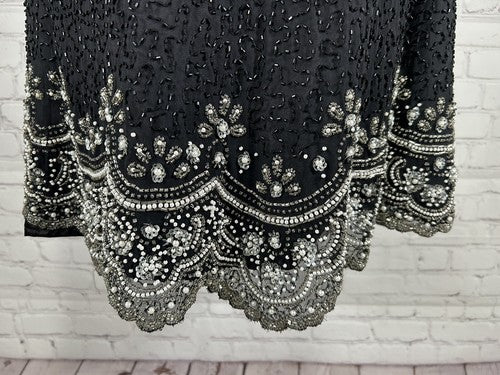 Fashion By Anil 100% Silk Black White Silver Beaded Sequined Blouse L