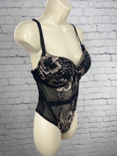 Auden Black Nude Floral Lace Underwire Push Up Thong Bodysuit Teddy M