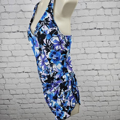 Maxine of Hollywood Blue Purple Floral V Neck One Piece Swimsuit Bathing Suit 14