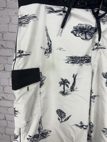 Vans White Black Tropical Pin Up Print Lace Up Cargo Board Shorts 36 (36X10)