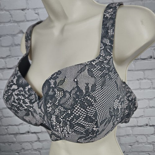 Cacique Black Blush Lace Print Lightly Lined Underwire Balconette Bra 42DD
