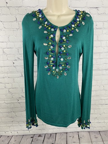 Harold’s Teal Beaded Silk Blend Knit Sweater Long Sleeve Front Closure V Neck S