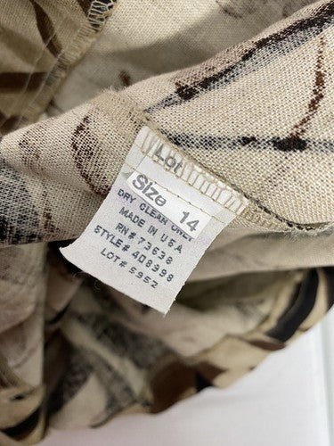 VTG Ellen Figg Linen Cotton Blend Brown Black Leafy Print Button Up Blouse 14