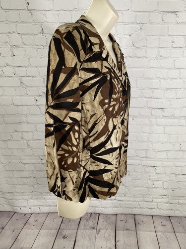 VTG Ellen Figg Linen Cotton Blend Brown Black Leafy Print Button Up Blouse 14