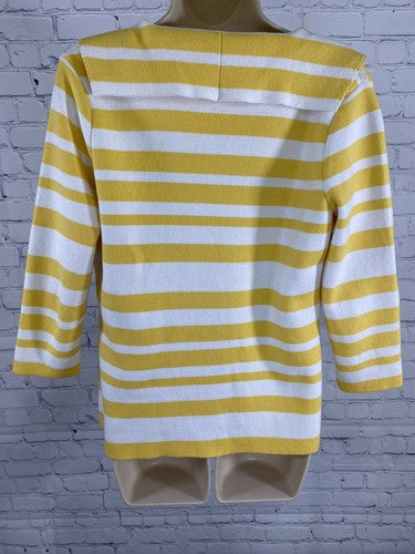 Optimum NZ White Yellow Striped 3/4 Sleeve Cape Collared 3 Button Knit Sweater S