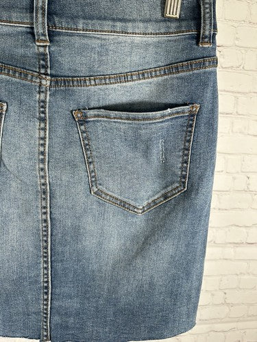 NWT NY&C Distressed Plaid Cut Outs Medium Wash Denim Short Jean Pencil Skirt 2
