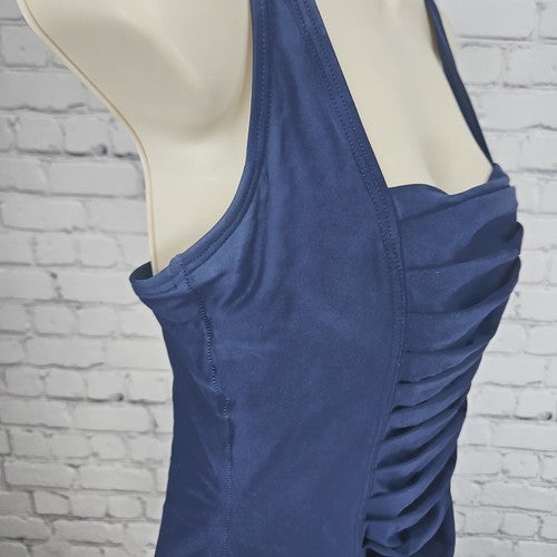 Calvin Klein Navy Blue Ruched Square Neck One Piece Swimsuit Bathing Suit 12