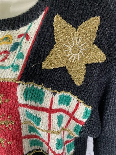 Cabin Creek Chunky Knit Christmas Tree Shoulder Pad Jingle Bell Beaded Sweater L