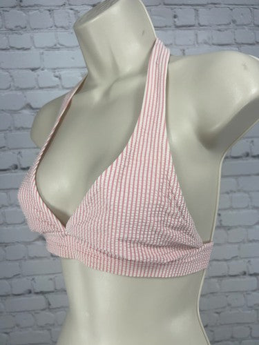 J Crew Pink White Striped Seersucker Halter Bikini Swim Top Size M
