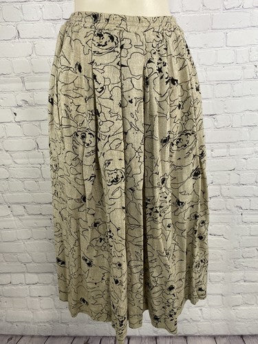 V Max Arthur Max Beige Black Pleated Elastic Waist Floral Midi Pull On Skirt P