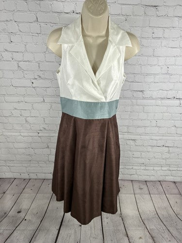 Willow Glenn White Blue Brown Lined Collared Sleeveless A Line Dress Women’s 4P