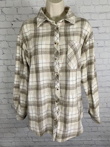 NWT THATSSOFETCH Beige Brown Plaid Denver Flannel Button Up Long Sleeve Shirt 6