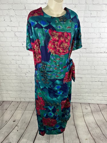 VTG Jessica Howard Colorful Shoulder Pad Front Wrap Back Zip Long Dress 22