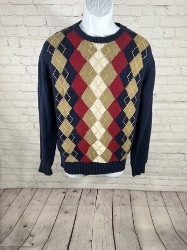 VTG Thane 100% Cotton Pullover Crew Neck Blue Red Brown White Argyle Sweater L