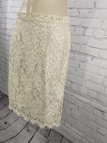 VTG Pastille Ivory Lace Cotton Blend Short Straight Pencil Skirt USA Size 8