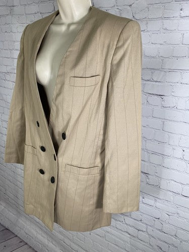 Le Suit Beige Black Vertical Striped Double Breasted Coat Jacket Blazer 12