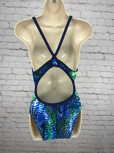 Speedo Blue Green Snake Print Cross Back One Piece Swimsuit Bathing Suit 40