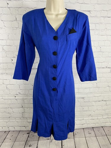 VTG Champagne West 1960s Blue Button Up Shoulder Pad Pleated Shift Dress 8P