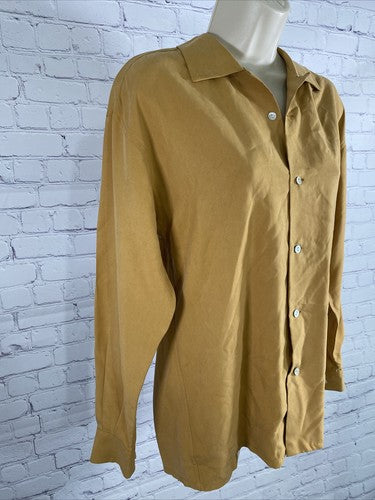 VTG Harold’s Gold Silk Oyster Shell Long Sleeve Button Up Blouse Top Petite P