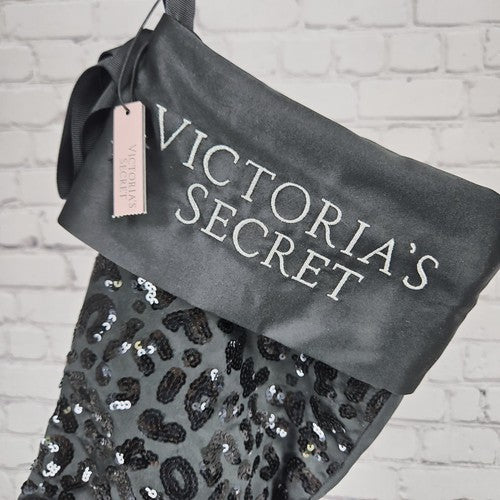 NWT Victoria's Secret Black Sequin Leopard Print Satin Christmas Stocking 18"