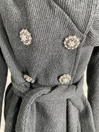 Ci Sono Charcoal Grey Wool Blend Rhinestone Button Waist Tie Jacket Coat Women S