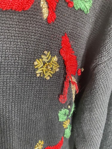 VTG Chrysantheme Black Poinsettia Embroidered Beaded Hand Knit Sweater 1X