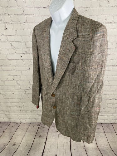 VTG Bilari Hand Tailored Brown Multicolor Fleck Overcheck Silk Jacket Blazer 42R