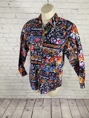 VTG TRIBES for Her Collared Long Sleeve Geometric Paisley Colorful Button Up XS