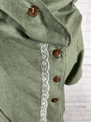 Little Houses Green Wool Button Up Lace Accent Knit Mock Neck Top Women’s M