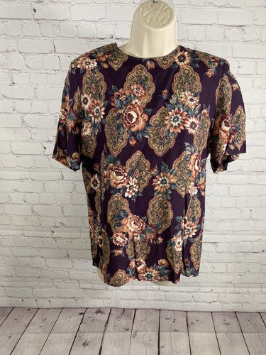 VTG Norton McNaughton Purple Floral Shoulder Pad Short Sleeve Blouse Women’s 8