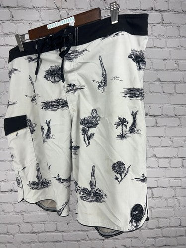 Vans White Black Tropical Pin Up Print Lace Up Cargo Board Shorts 36 (36X10)