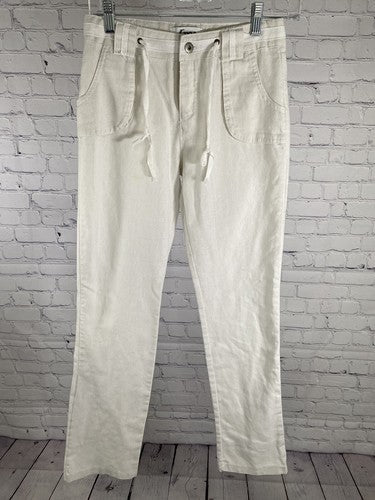 IXOS Tan Linen Drawstring Waist Straight Leg Pants Pockets Italy Small (26x29)