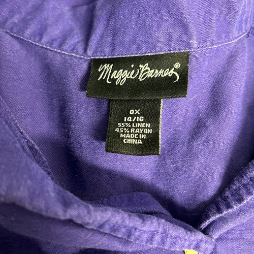 Maggie Barnes Linen/Rayon Solid Purple Short Sleeve Wooden Buttons Shirt 14/16