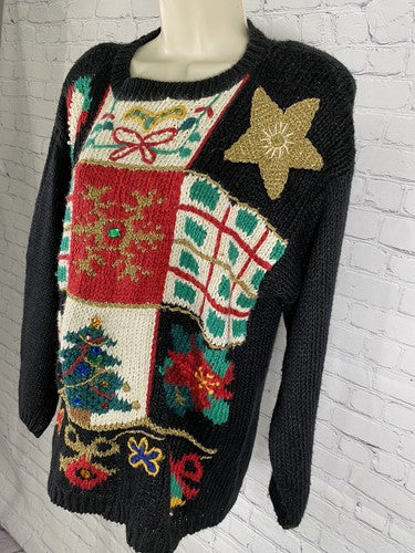 Cabin Creek Chunky Knit Christmas Tree Shoulder Pad Jingle Bell Beaded Sweater L