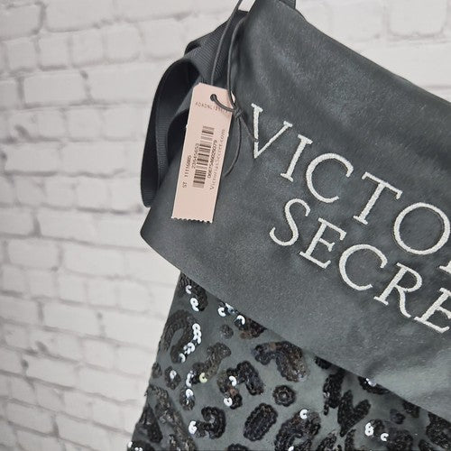 NWT Victoria's Secret Black Sequin Leopard Print Satin Christmas Stocking 18"