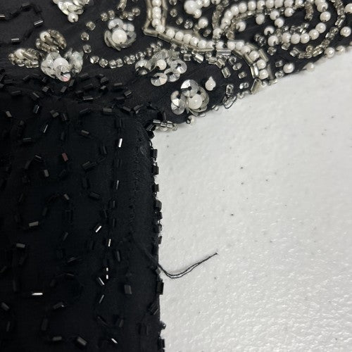 Fashion By Anil 100% Silk Black White Silver Beaded Sequined Blouse L