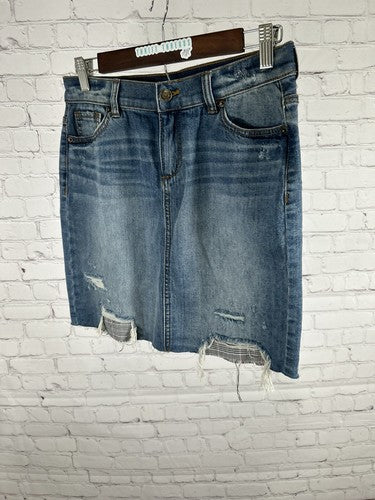 NWT NY&C Distressed Plaid Cut Outs Medium Wash Denim Short Jean Pencil Skirt 2