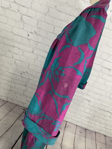 VTG Kayser Blue Purple Front Zip 3/4 Sleeve Pleated Long House Dress Women’s S