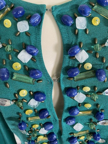 Harold’s Teal Beaded Silk Blend Knit Sweater Long Sleeve Front Closure V Neck S