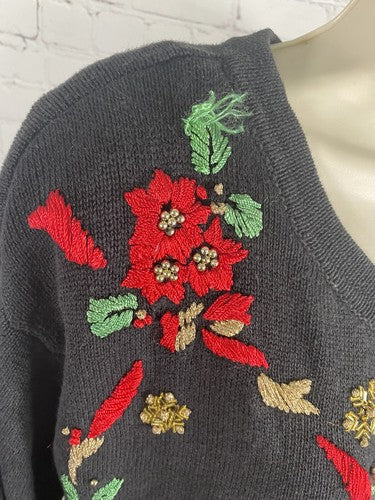 VTG Chrysantheme Black Poinsettia Embroidered Beaded Hand Knit Sweater 1X